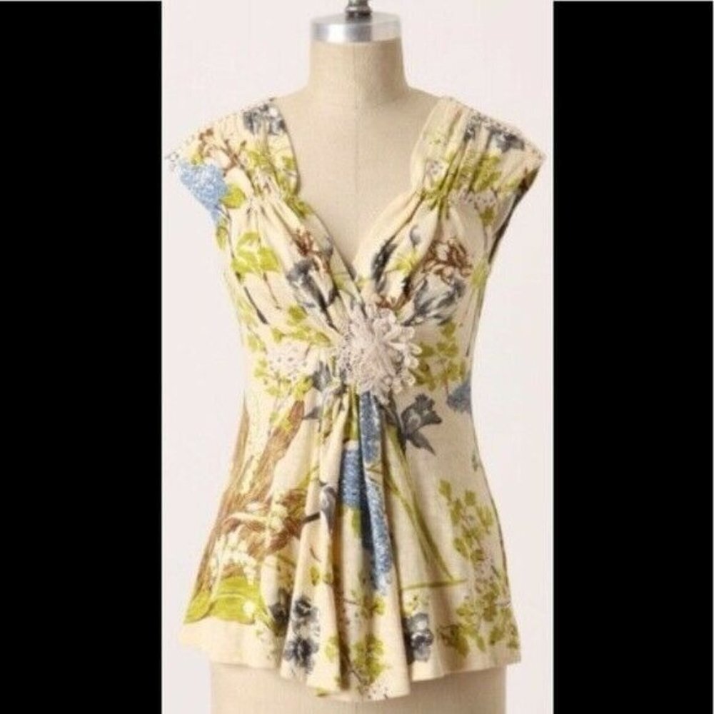 Vintage Y2K Anthropologie YOANA BARASCHI Mint Julep Floral Ruffle Babydoll Top